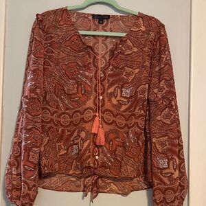 INC International Concepts Rust Paisley Blouse cropped bottom.